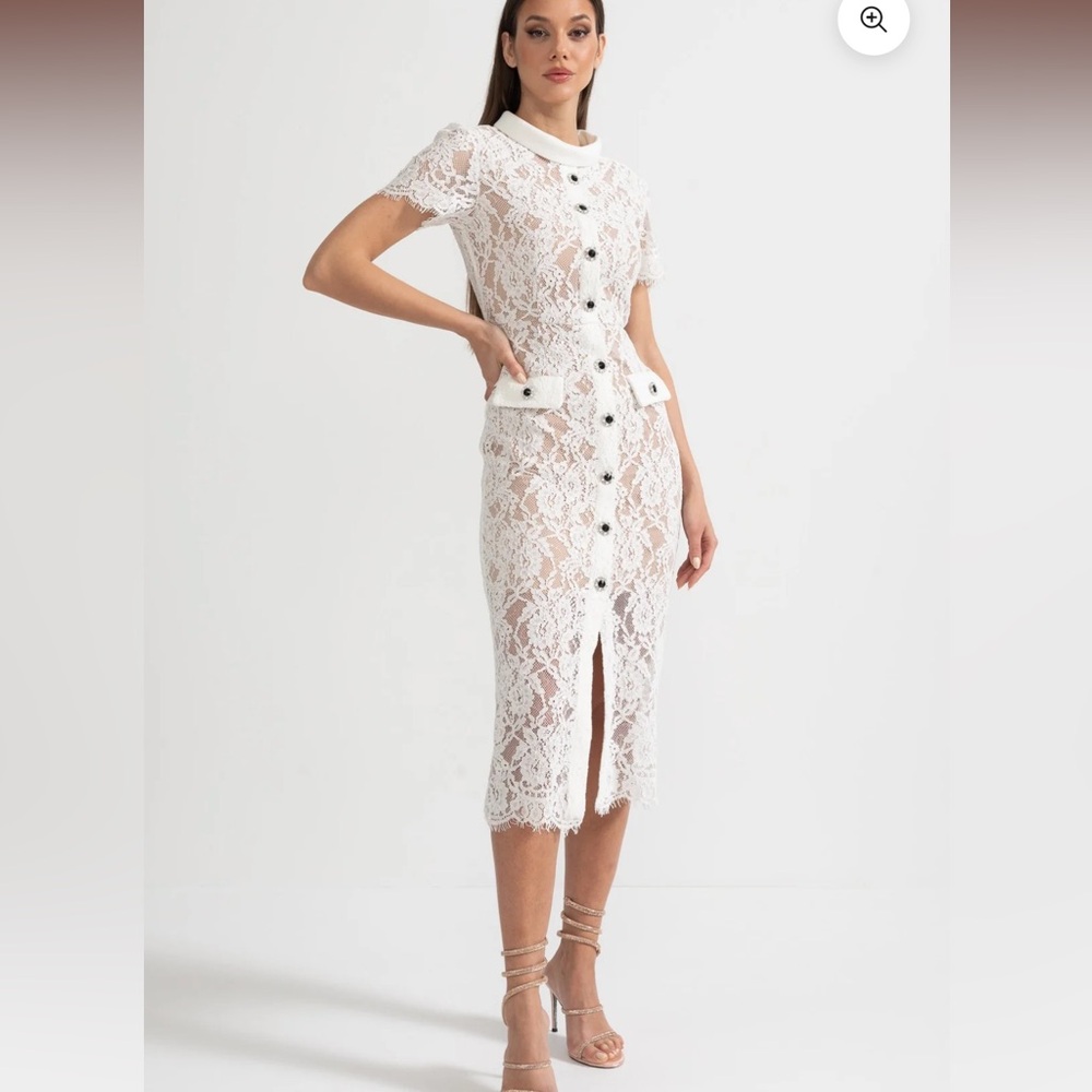 Elegant White Lace Midi Dress with Button Front - Picture 7 of 16